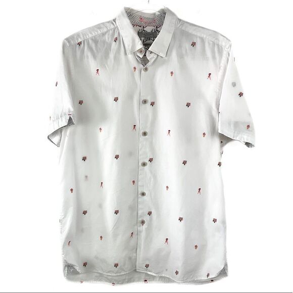 Ted Baker White Embroidered Button Up Short Sleeve Shirt XL - Picture 1 of 7